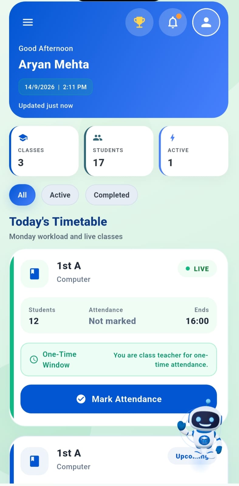 EduWindow Teacher App dashboard showing timetable and attendance actions